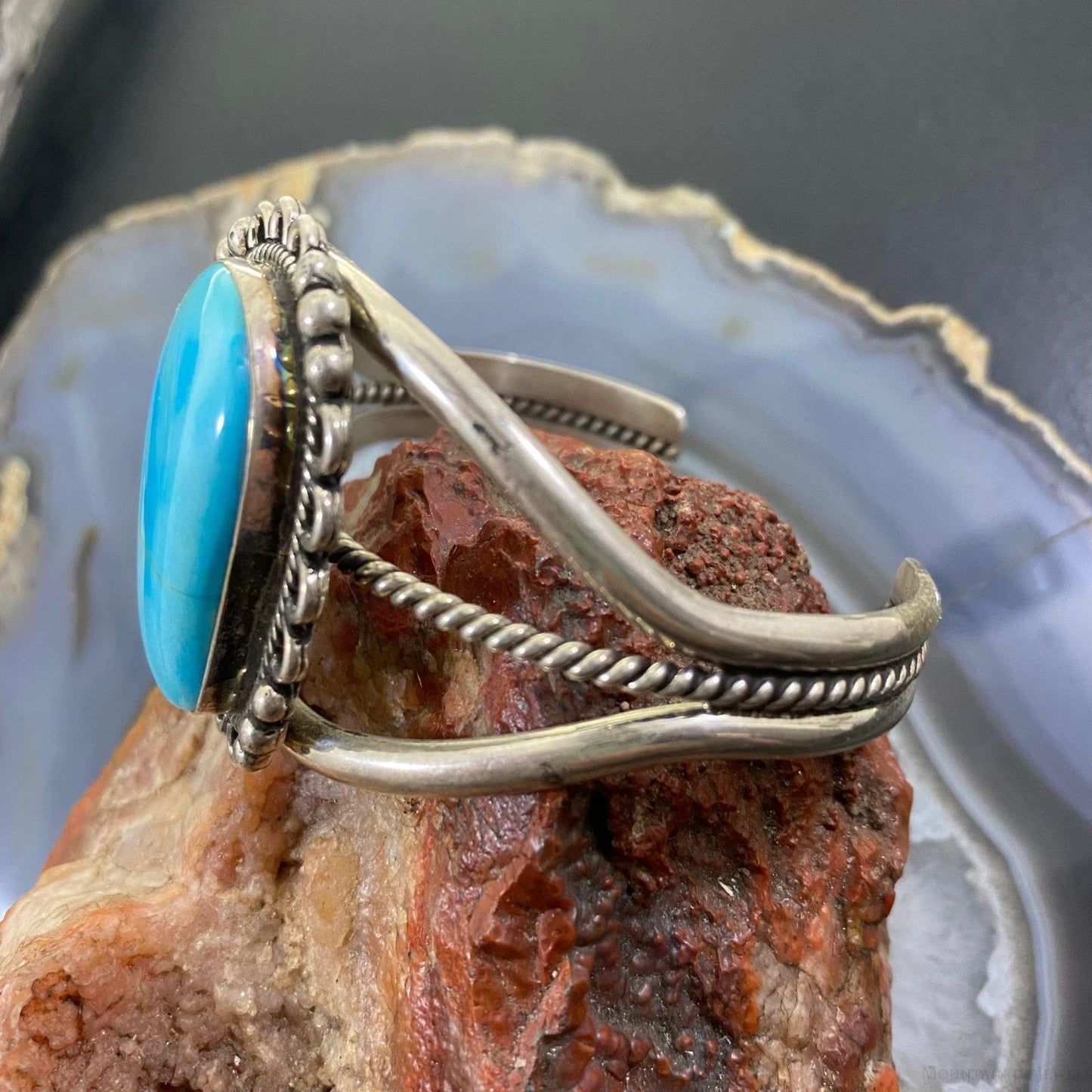 Vintage Native American Sterling Silver Turquoise Decorated Split Shank Bracelet