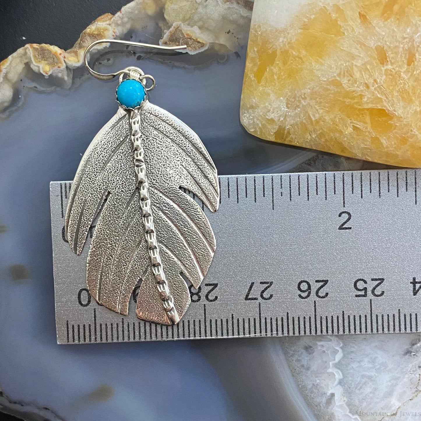 Brad Panteah Sterling Silver Turquoise Feather Texture Dangle Earrings For Women