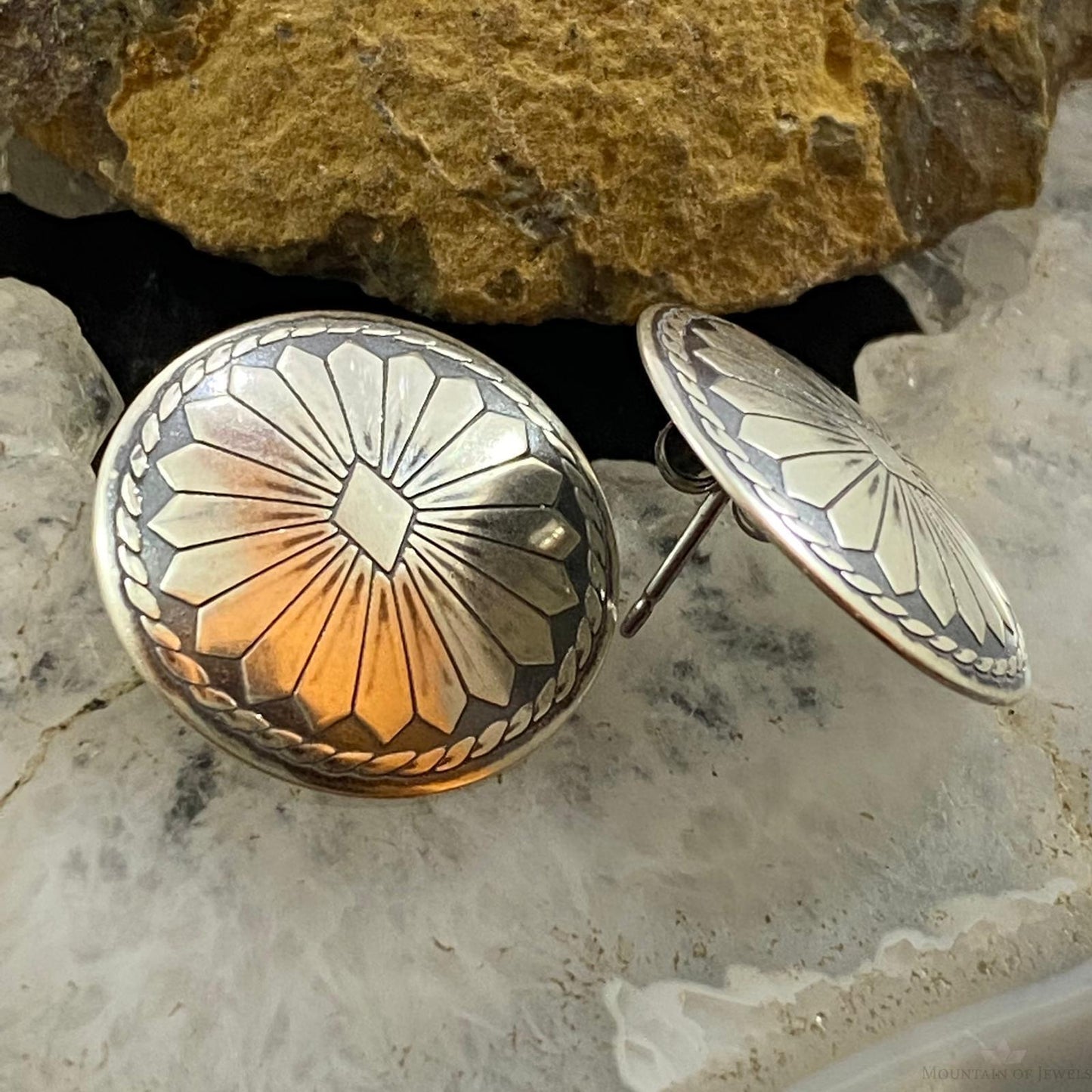 Native American Sterling Silver Round Floral Stud Earrings For Women