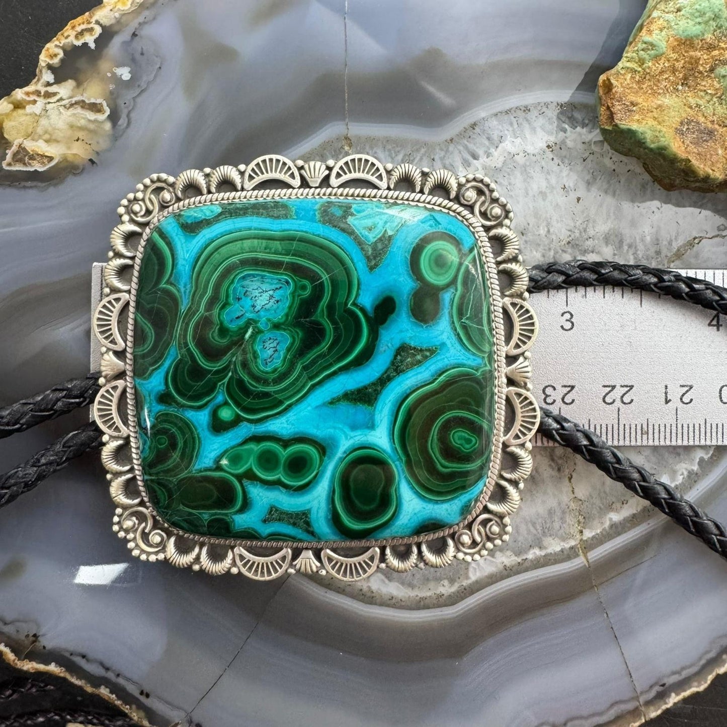 Sterling Silver Southwestern Style Square Azurite Malachite Bolo Tie For Men