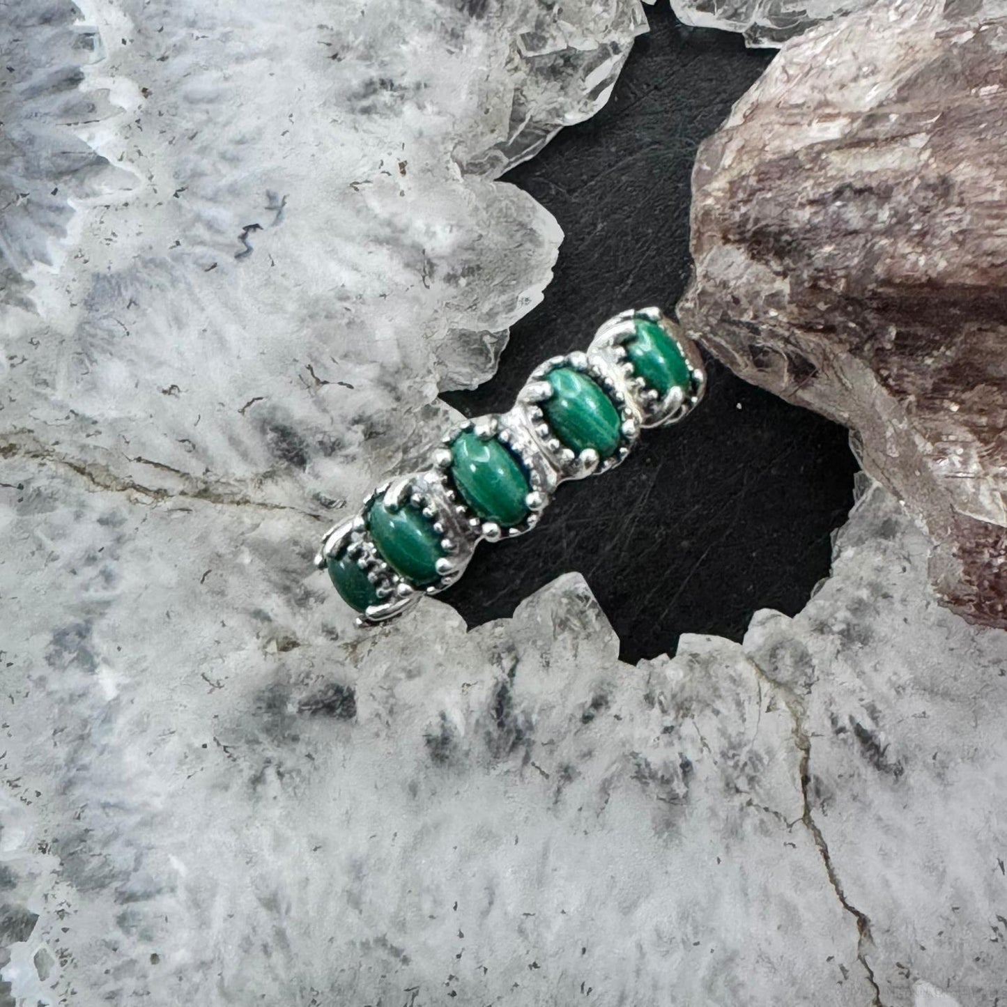 Carolyn Pollack Vintage Sterling Silver 5 Oval Malachite Band Ring For Women