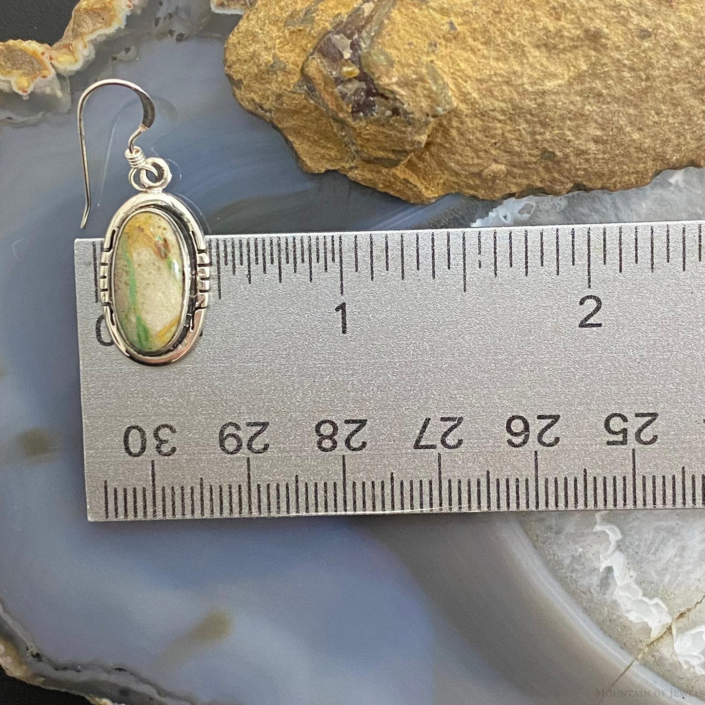 Native American Sterling Silver Oval Ribbon Boulder Turquoise Dangle Earrings