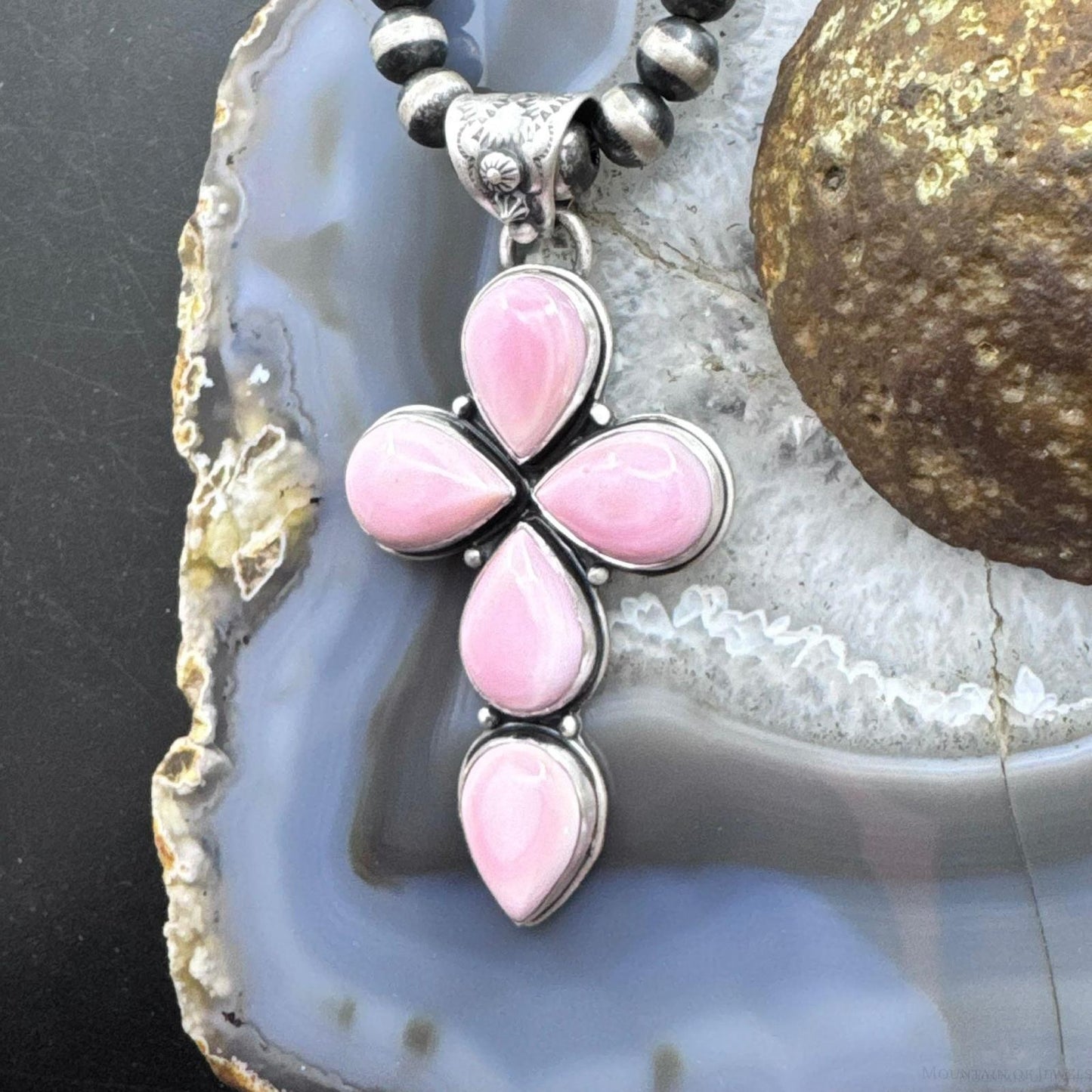 Native American Sterling Silver Teardrop Pink Conch Cross Pendant For Women