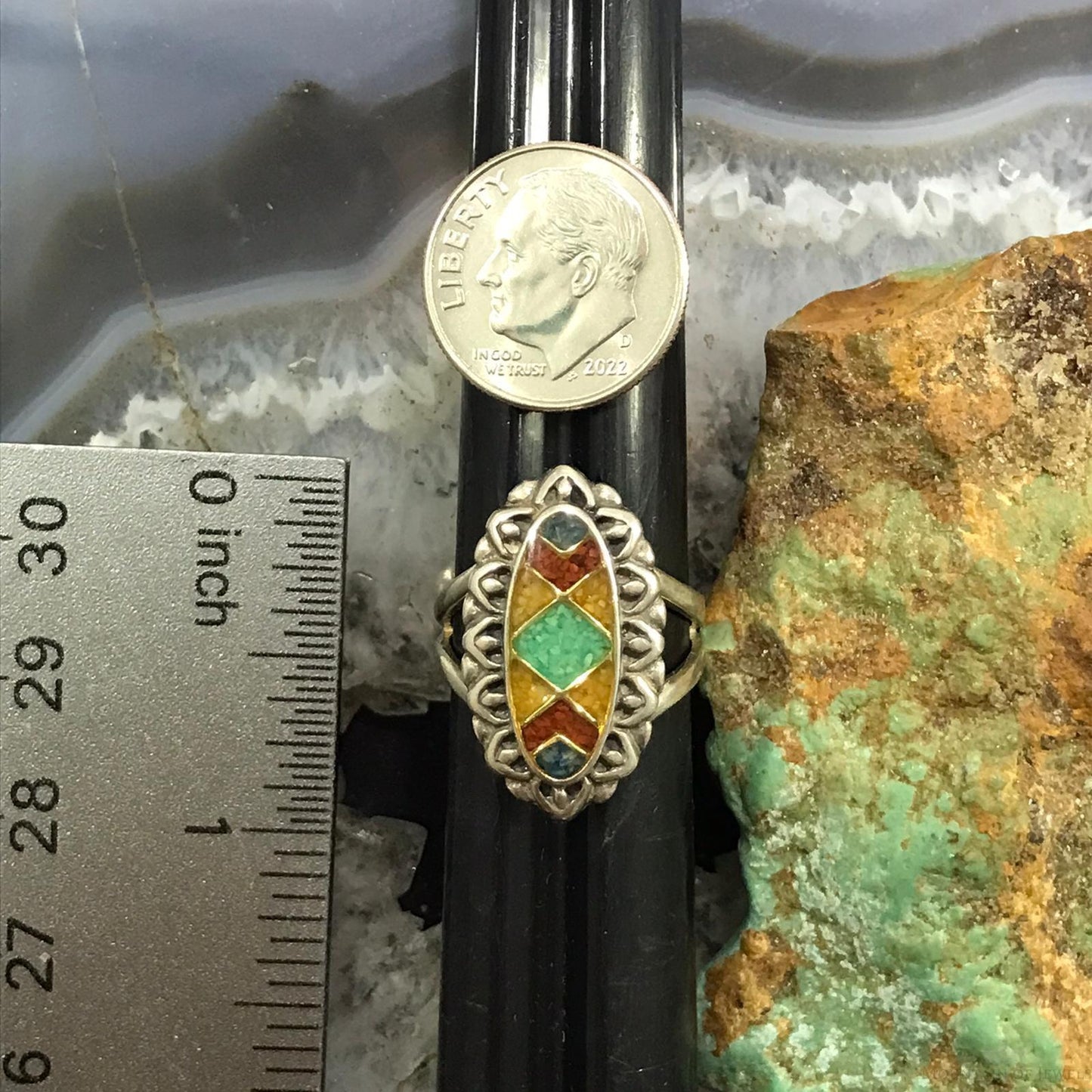 Carolyn Pollack Sterling Silver Elongated Oval Multistone Chip Inlay Ring Size 6 For Women
