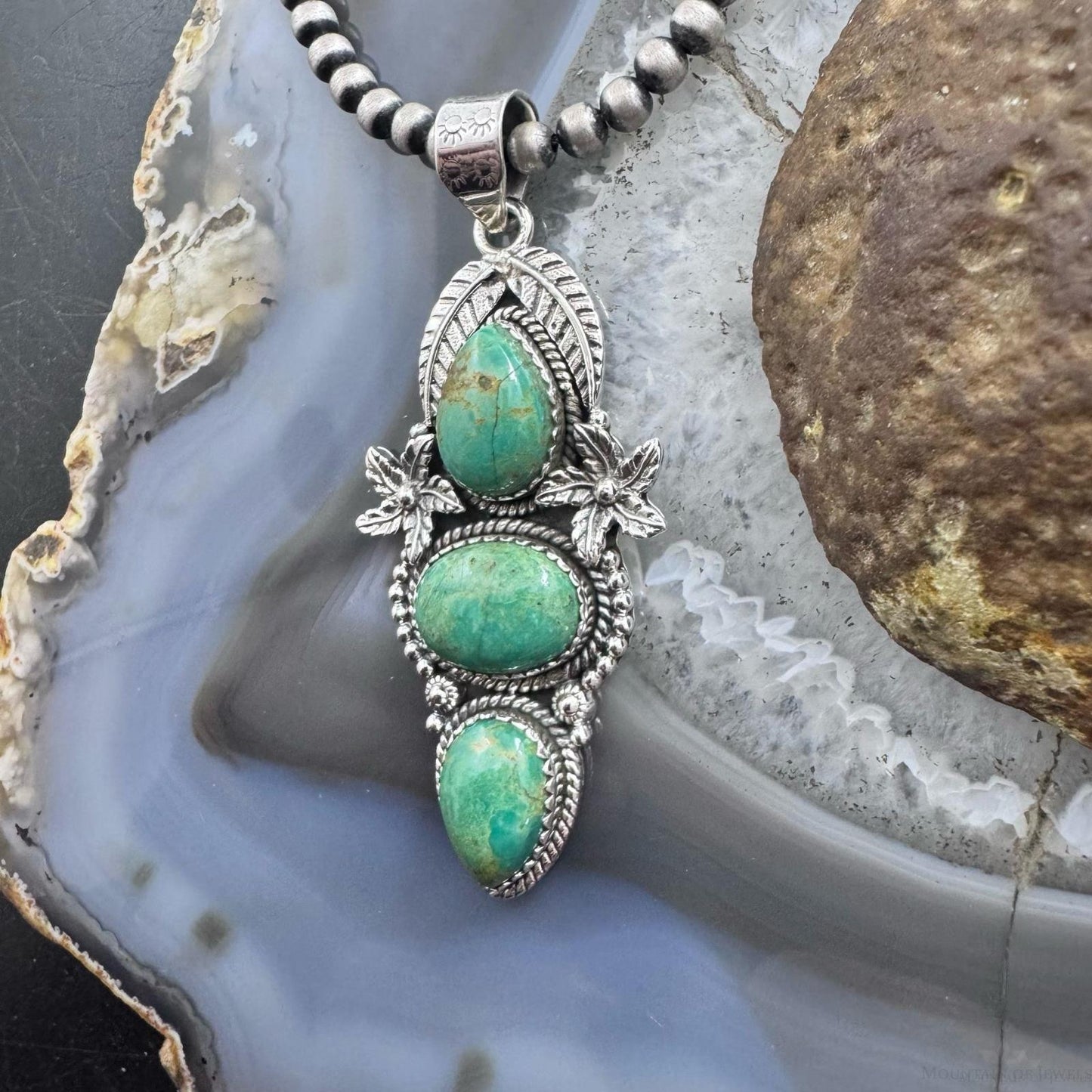 Sterling Silver Southwestern Style Triple Turquoise Decorated Pendant For Women