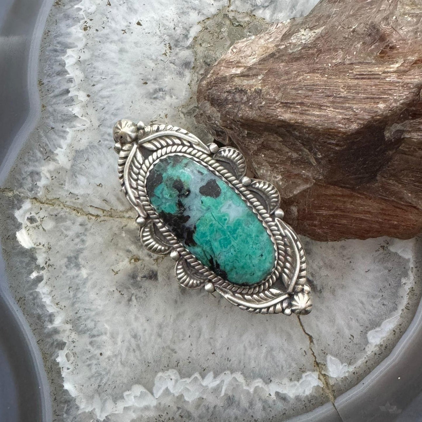 Sterling Silver Southwestern Style Oval Turquoise Decorated Adjustable Ring For Women