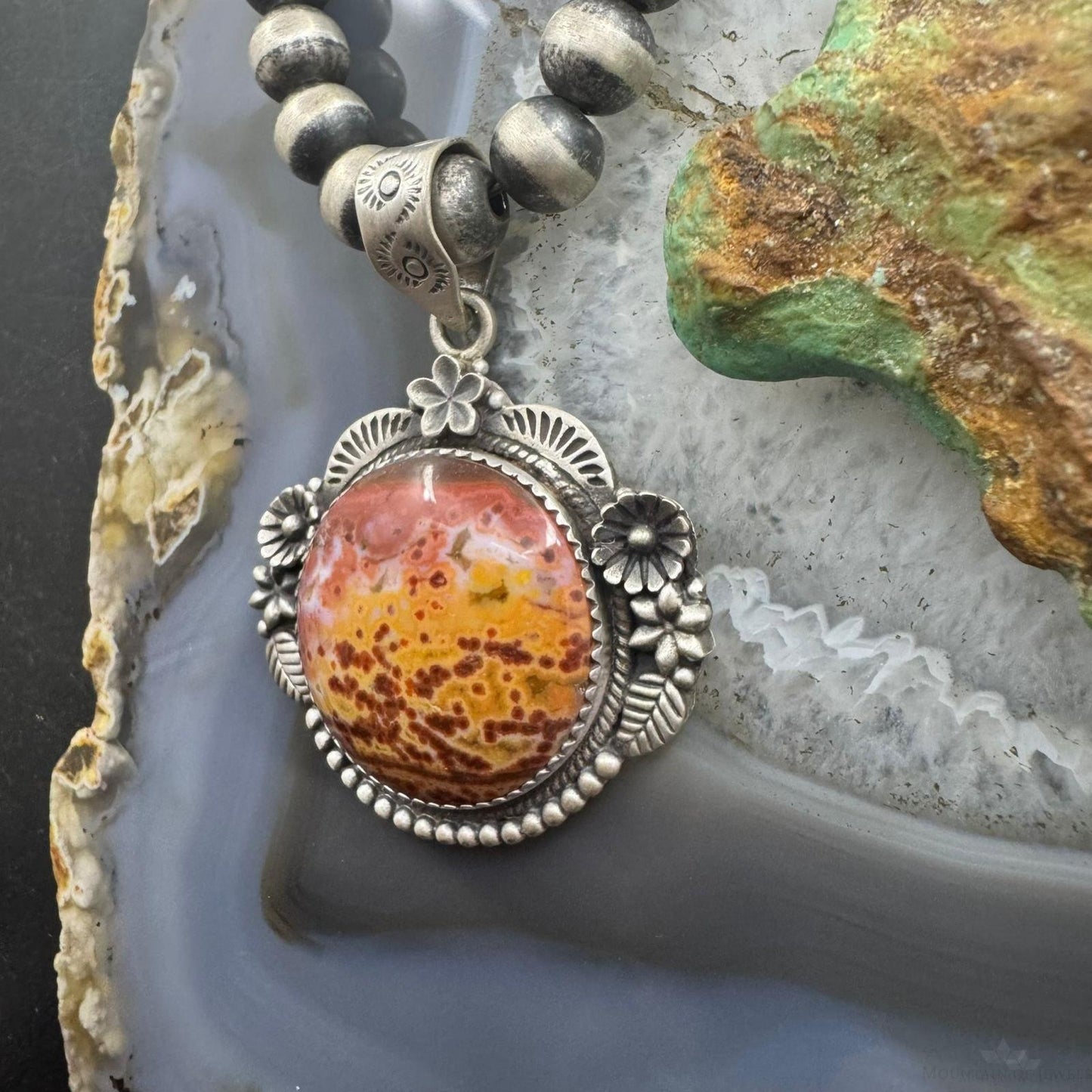 Sterling Silver Southwestern Style Round River Jasper Decorated Pendant For Women