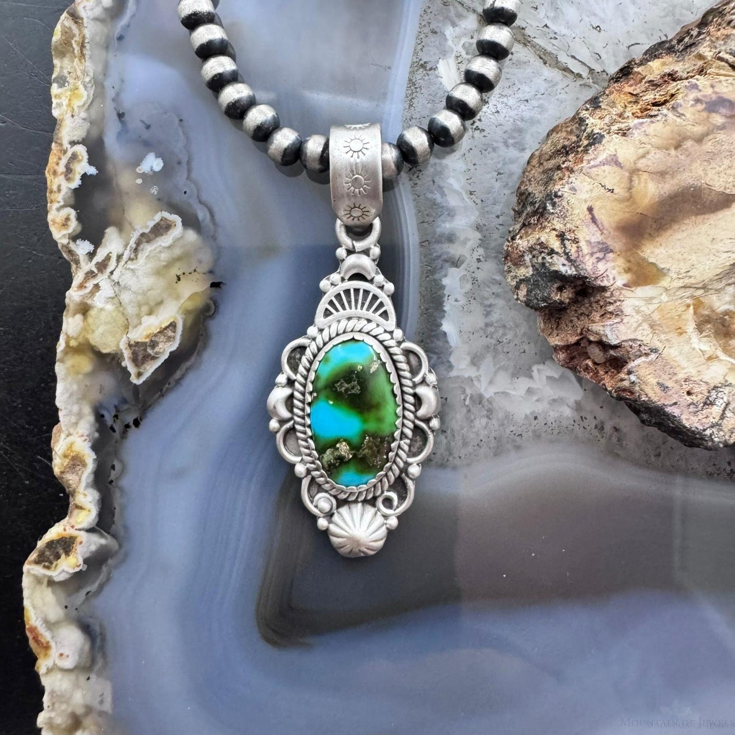 Sterling Silver Southwestern Style Oval Blue Sonora Gold Turquoise Pendant For Women