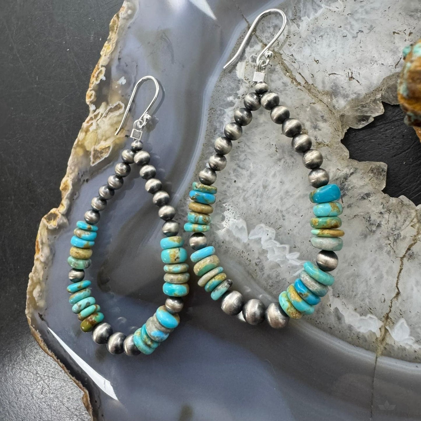 Sterling Silver 4mm Navajo Pearl Southwester Style & 6mm Turquoise Bead Hoop Earrings For Women