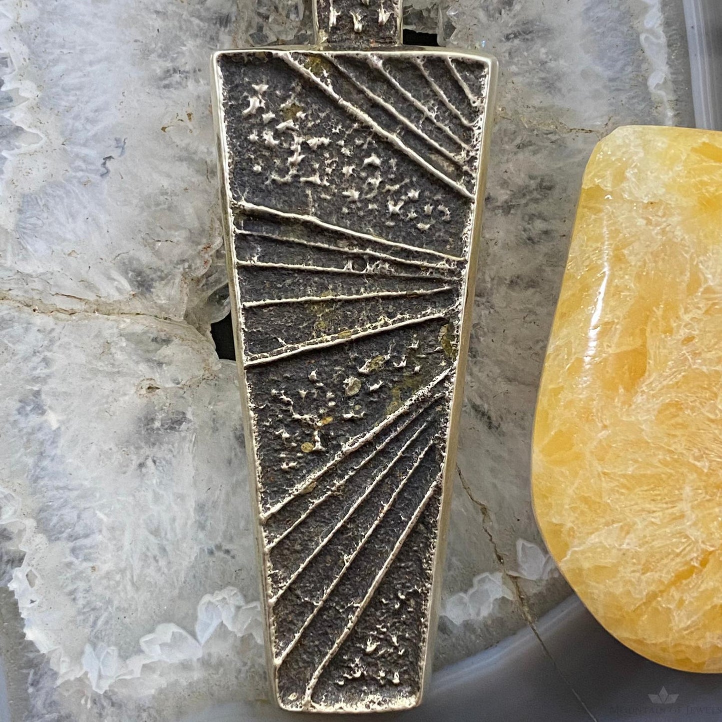 Cheyenne Custer Navajo Sterling Silver Trapeze Decorated Tufa Cast Uni Pendant