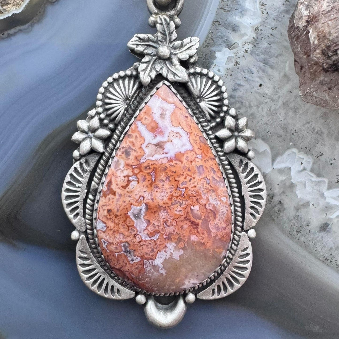 Sterling Silver Southwestern Style Teardrop Red Plum Decorated Pendant For Women