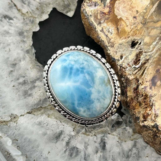 Sterling Silver Southwestern Style Oval Larimar Decorated Bar Ring Size 7 For Women
