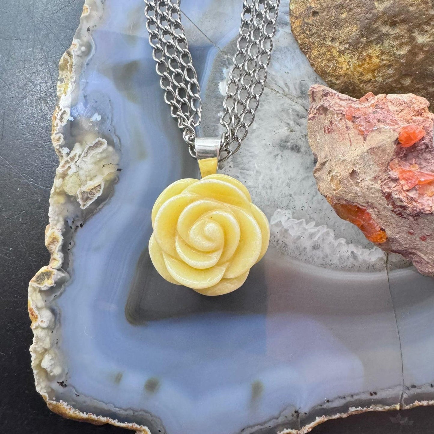 Carolyn Pollack Sterling Silver Carved Yellow Jasper Rose Pendant With Chain Necklace For Women