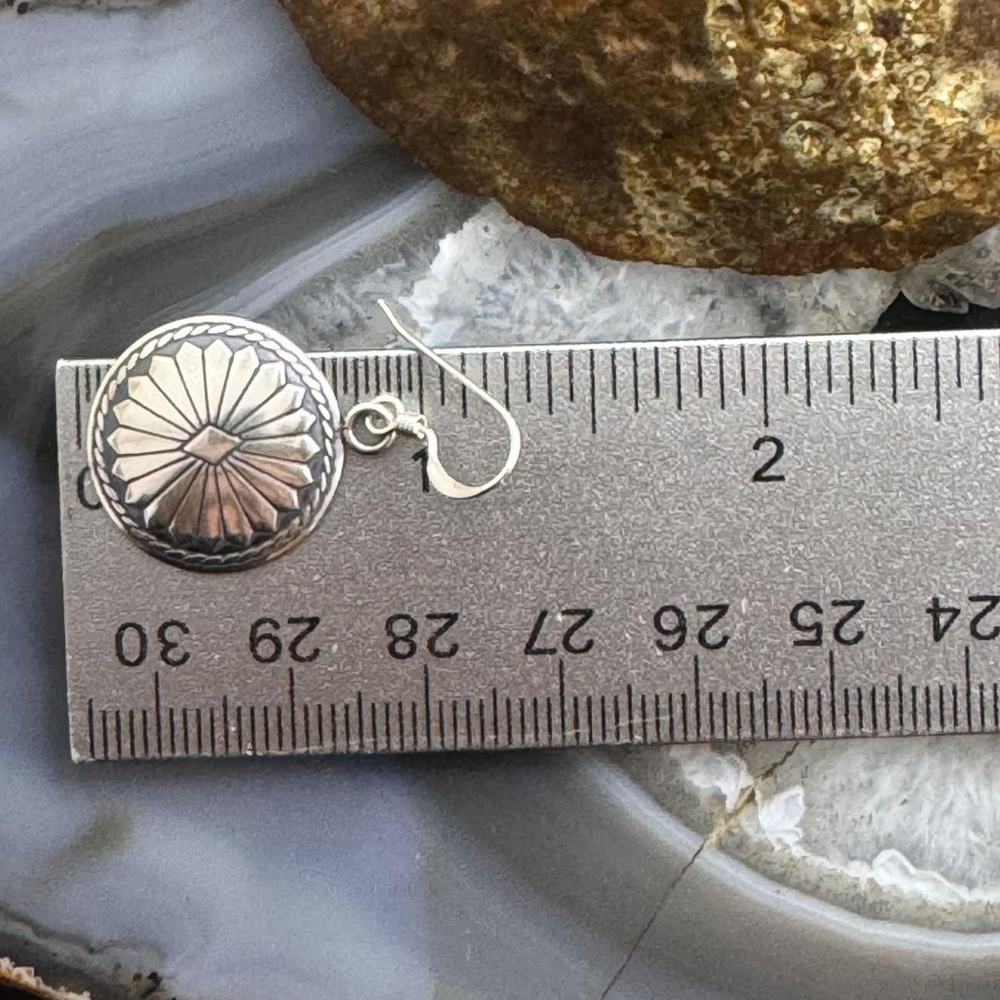 Native American Sterling Silver Round Stamped Concho Dangle Earrings For Women