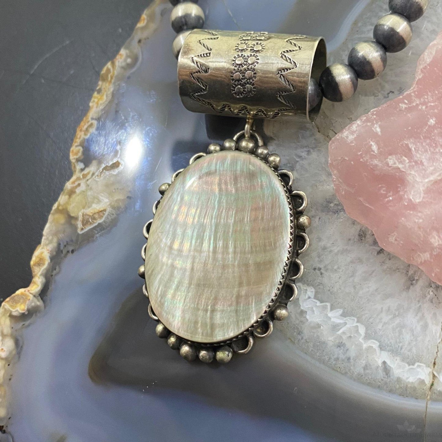 Juan Guerro Native American Sterling Silver Large Mother of Pearl Pendant