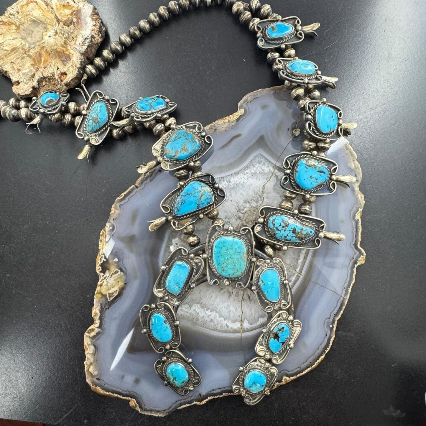 Vintage Native American Silver Matrix Turquoise 24" Squash Blossom Necklace For Women