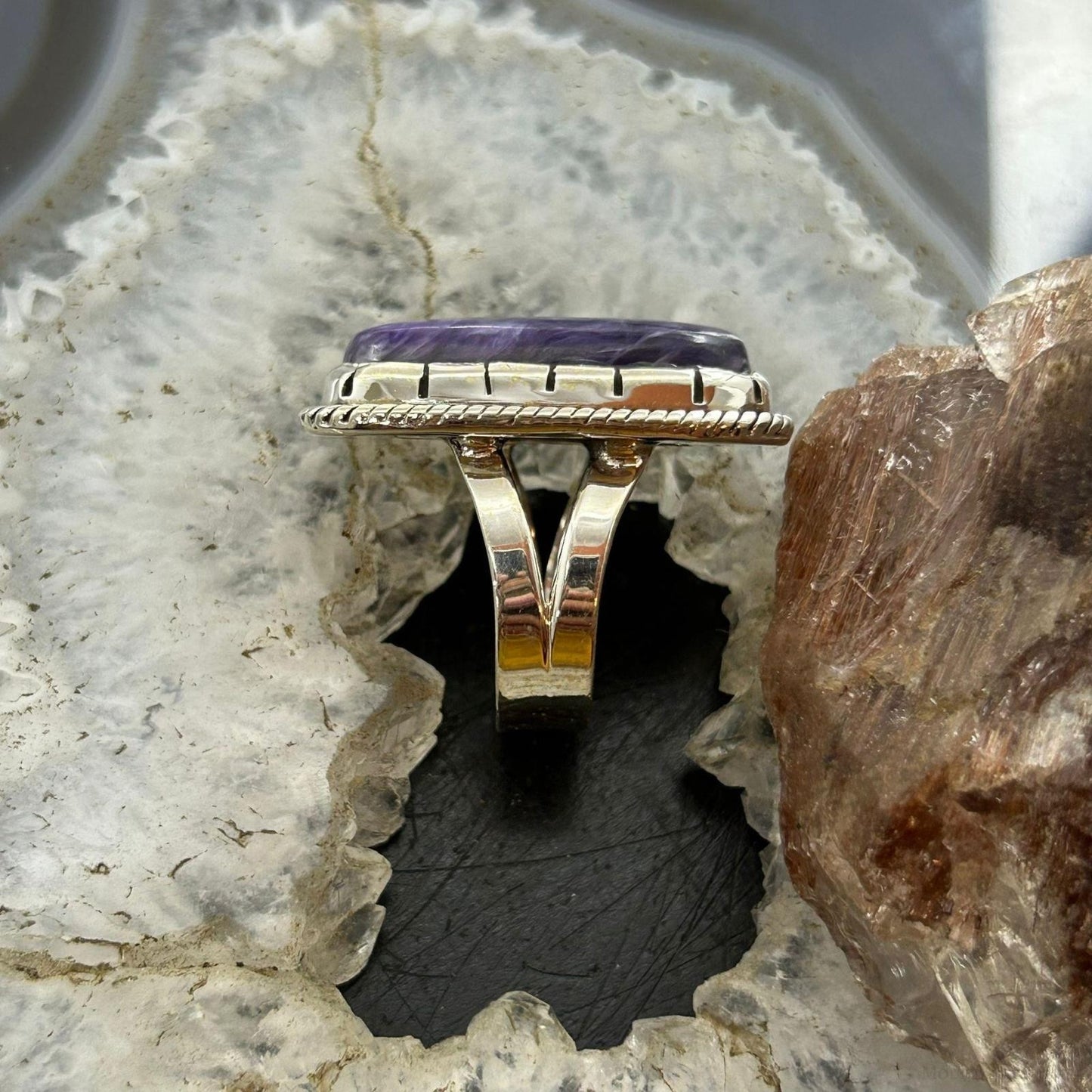 Sterling Silver Southwestern Style Rectangle Charoite Ring Size 6.25 For Women