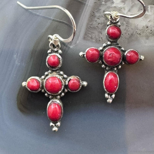 Sterling Silver Southwestern Style Red Jasper Cross Dangle Earrings For Women