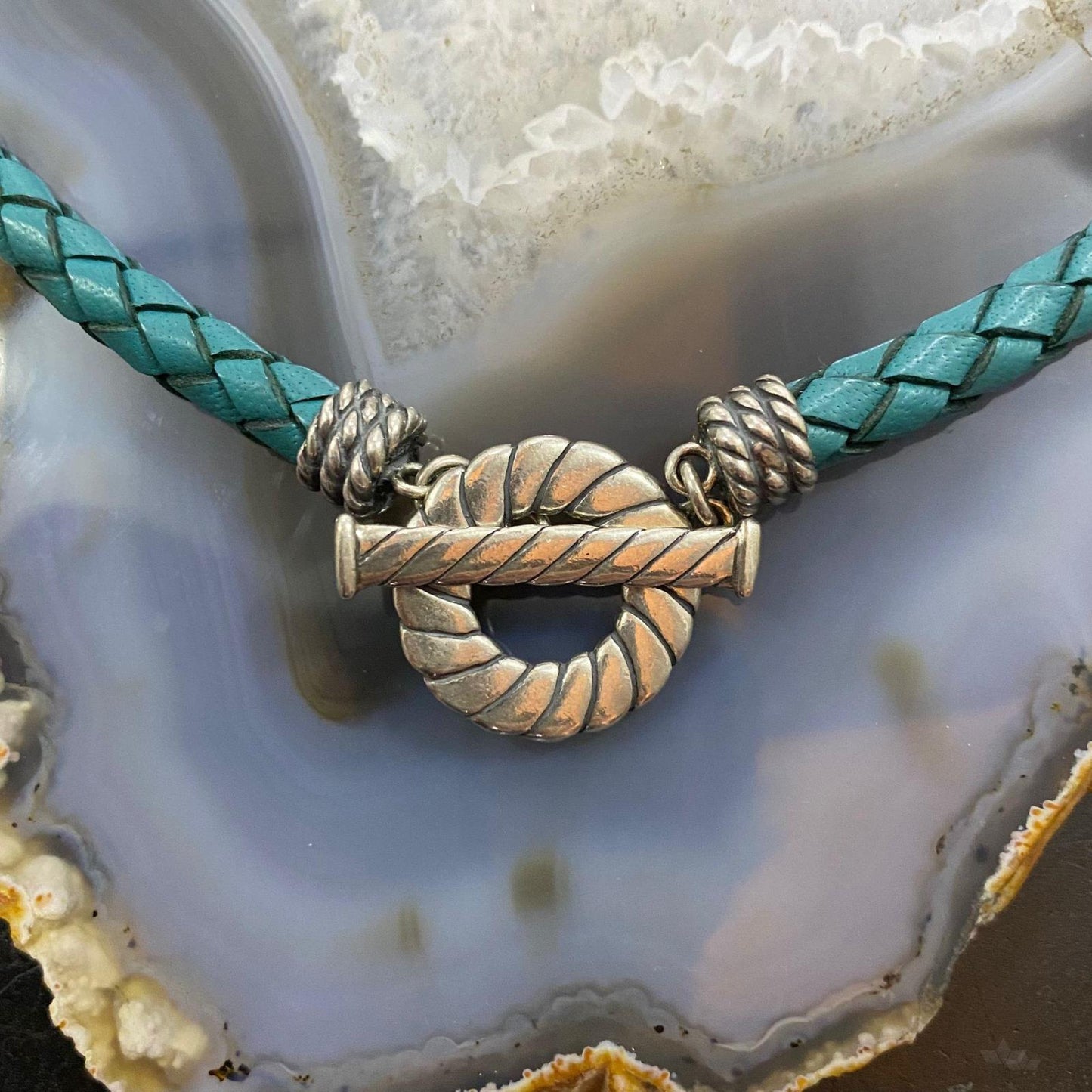 Carolyn Pollack Southwestern Style Sterling Silver Teal Braided Leather Toggle Clasp Necklace
