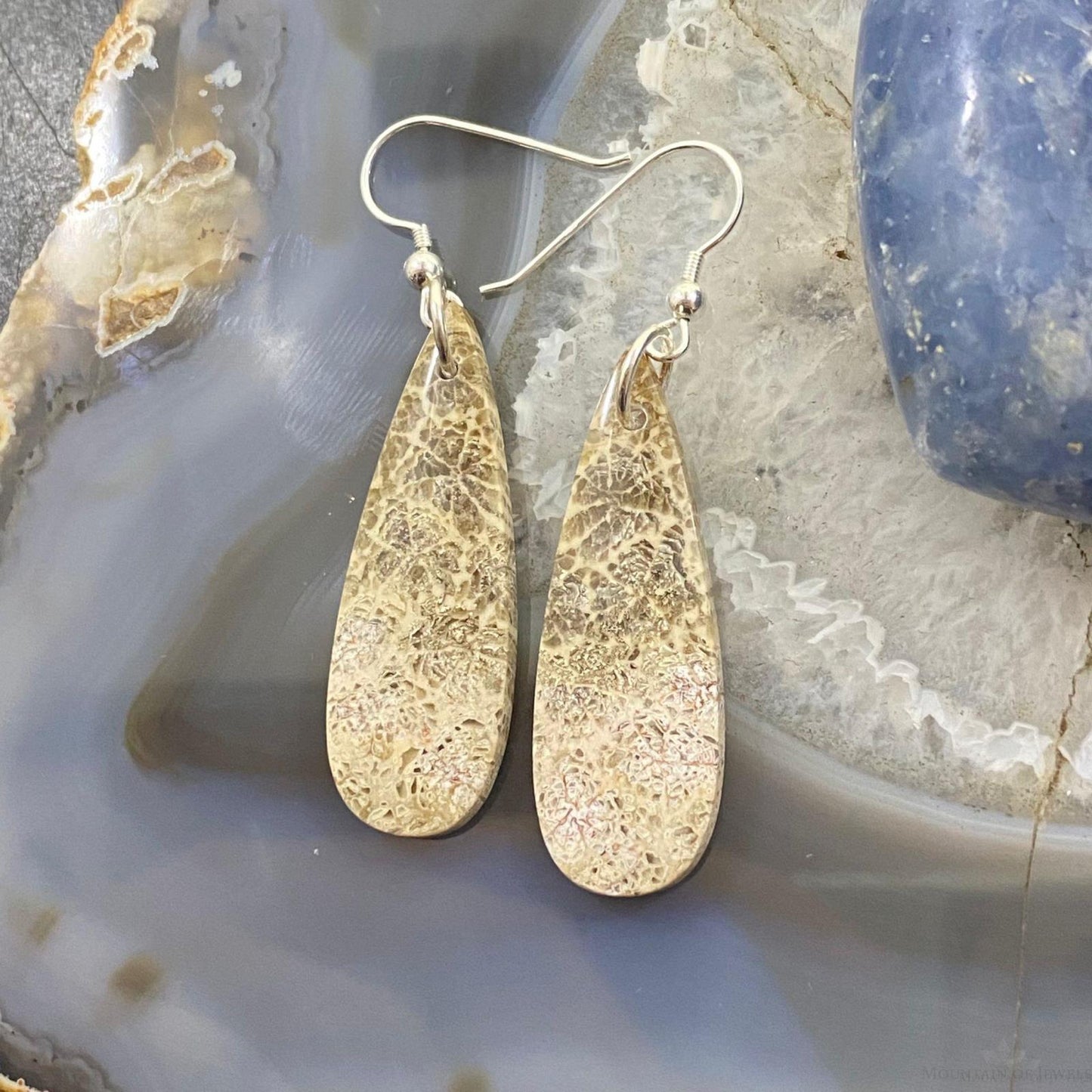 Sterling Silver Teardrop Fossilized Coral Slab Dangle Earrings For Women #067