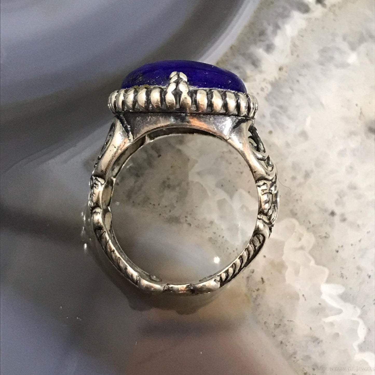 Carolyn Pollack Sterling Silver Wide Pear Lapis Decorated Ring Size 6.5 For Women