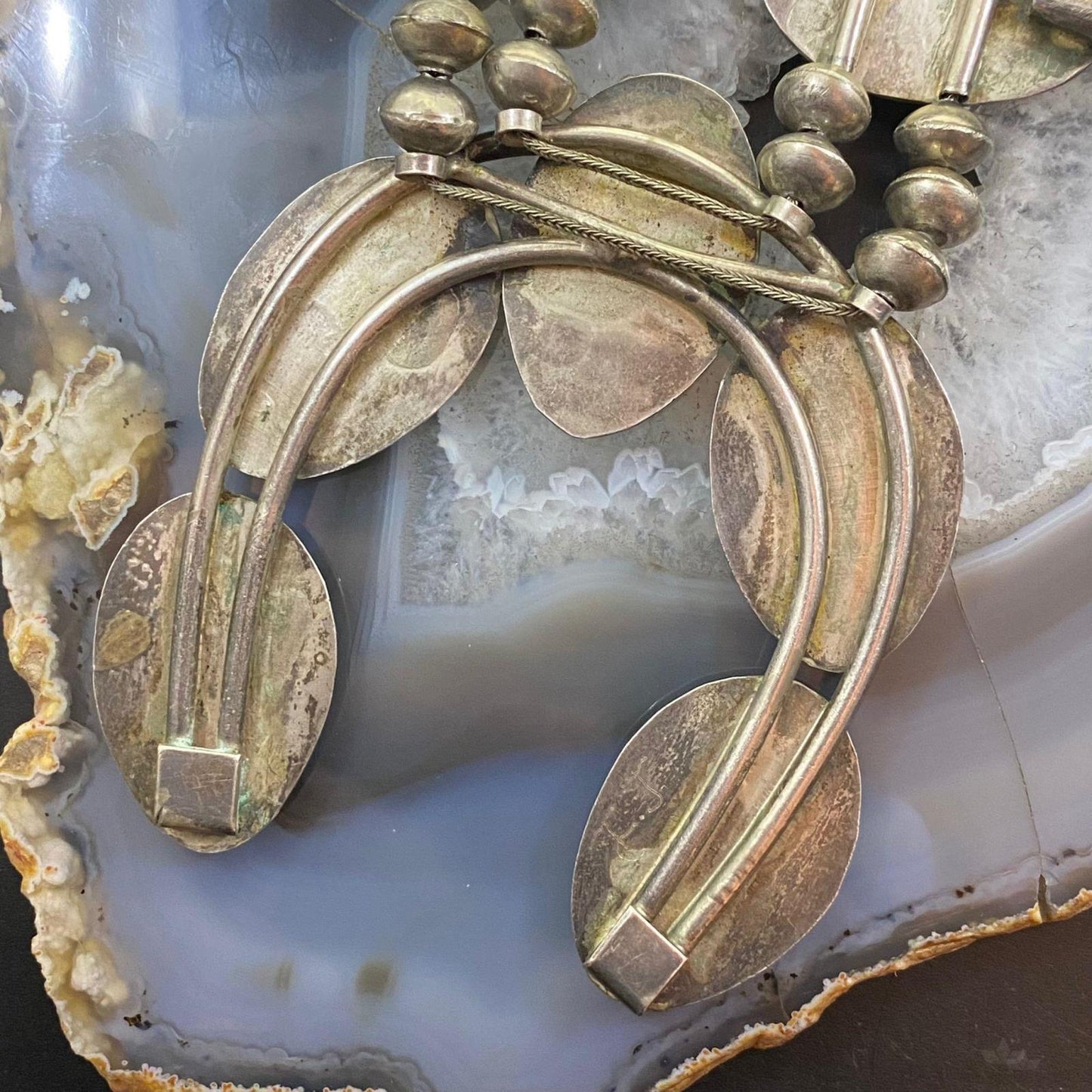 Antique Native American Silver Turquoise Shadow Box Squash Blossom Necklace 28"