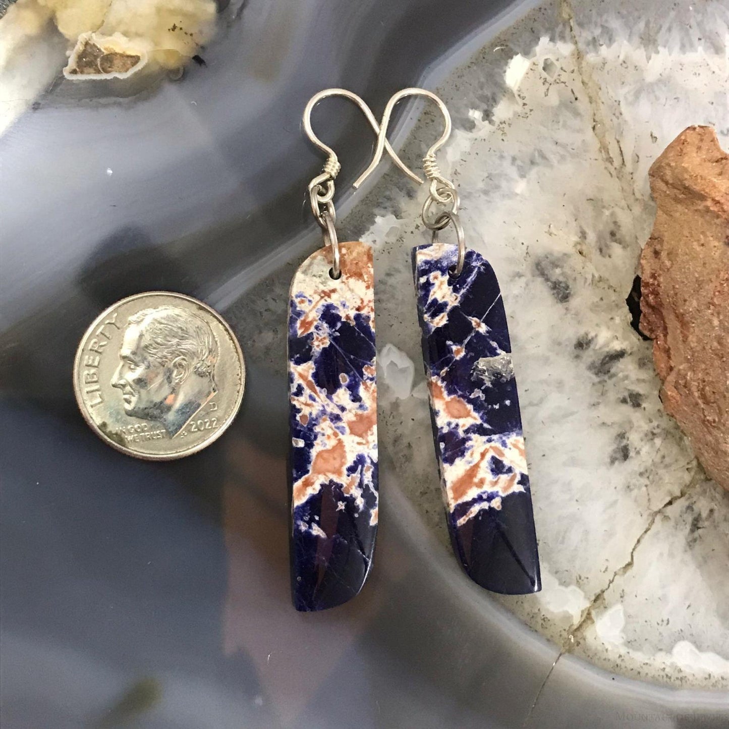 Sterling Silver Elongated Tilde Shape Blue Sodalite Slab Dangle Earrings For Women #217
