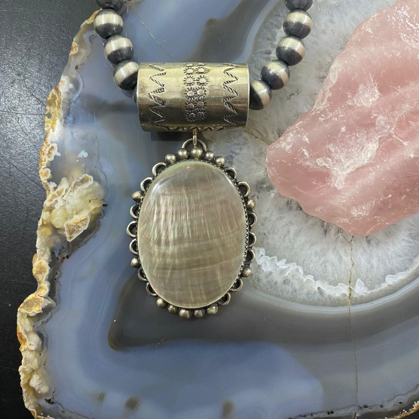 Juan Guerro Native American Sterling Silver Large Mother of Pearl Pendant