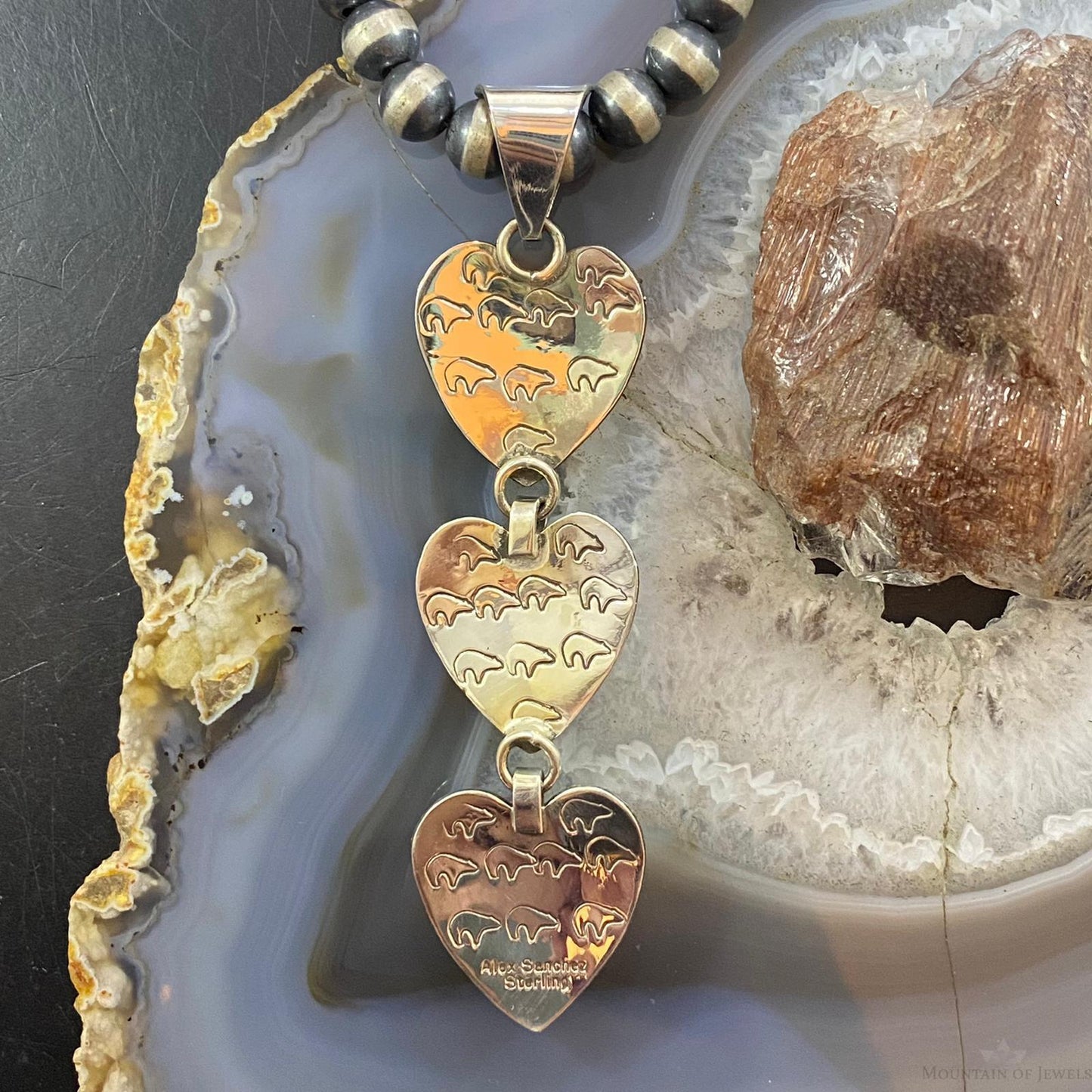 Alex Sanchez Native American Sterling Silver Triple Petroglyph Heart w/Turquoise Pendant For Women #5
