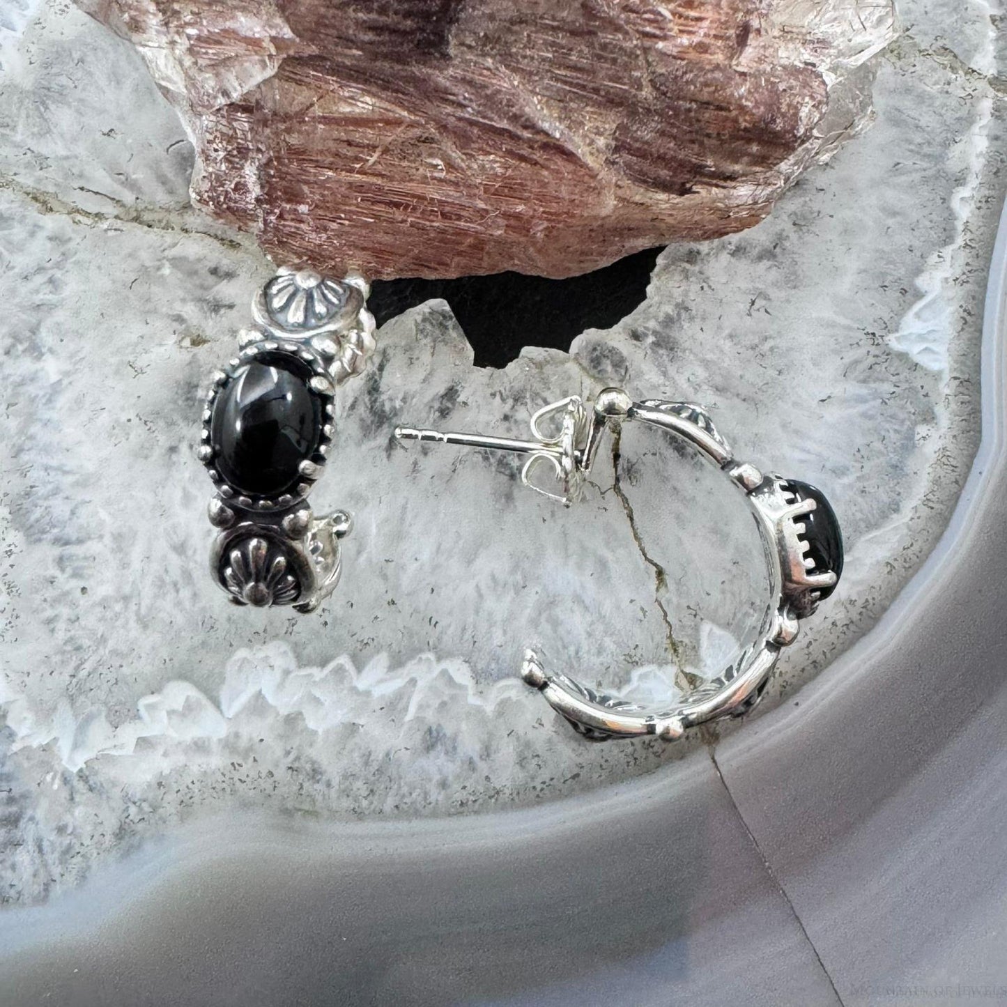 Carolyn Pollack Sterling Silver Oval Onyx Half Moon Hoop Earrings For Women