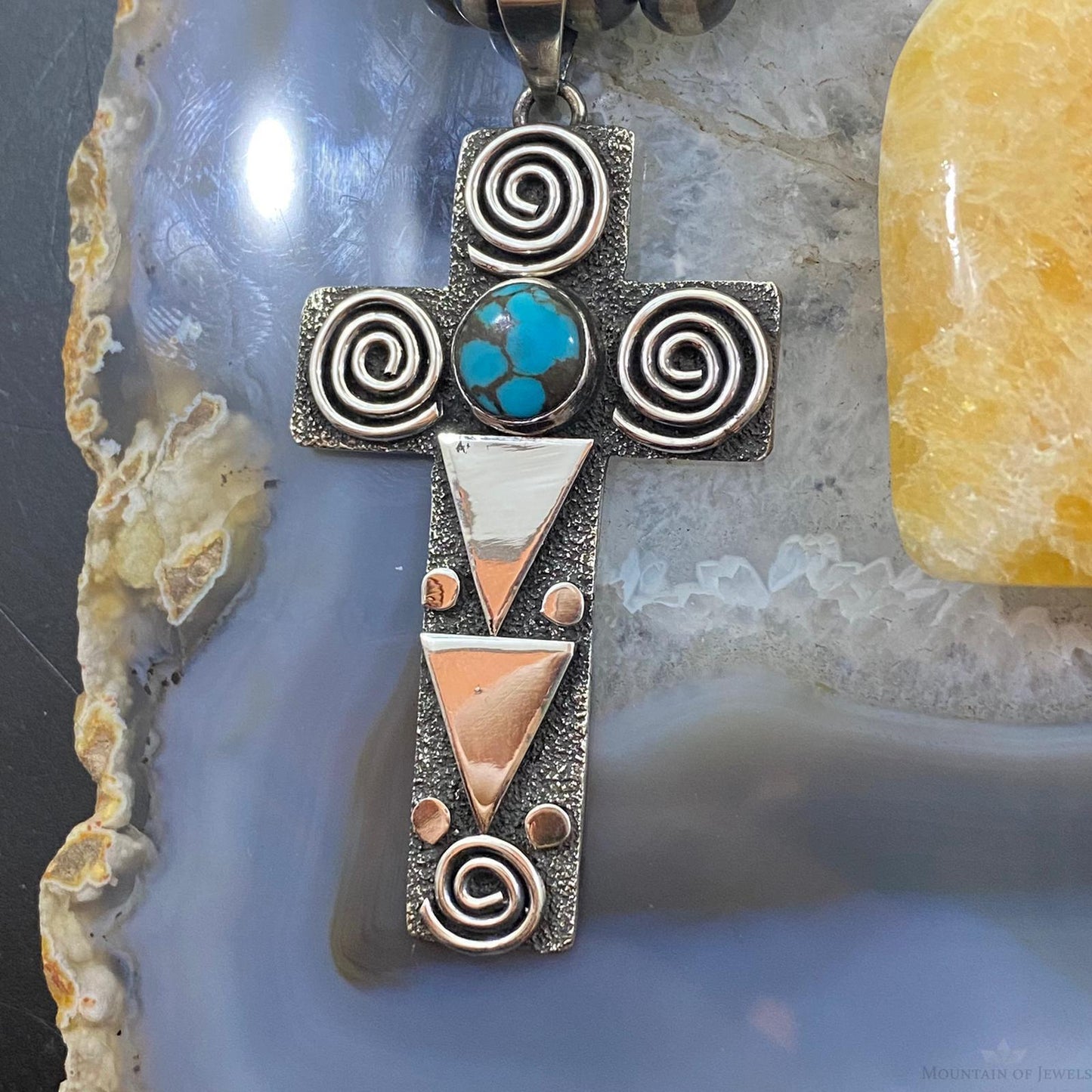 Alex Sanchez Native American Sterling Turquoise Petroglyph Cross Uni Pendant #3