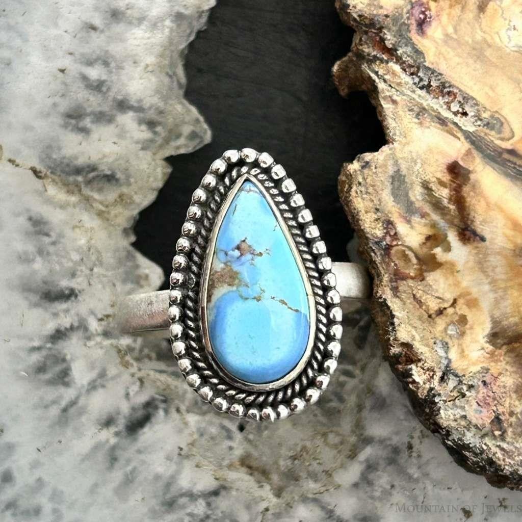 Sterling Silver Southwestern Style Teardrop Golden Hill Turquoise Adjustable Ring For Women