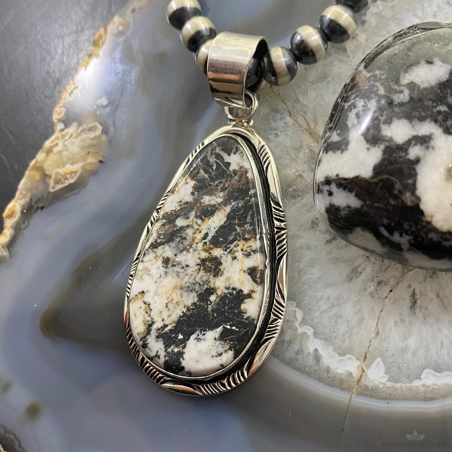 Native American Teardrop White Buffalo Sterling Silver Unisex Pendant