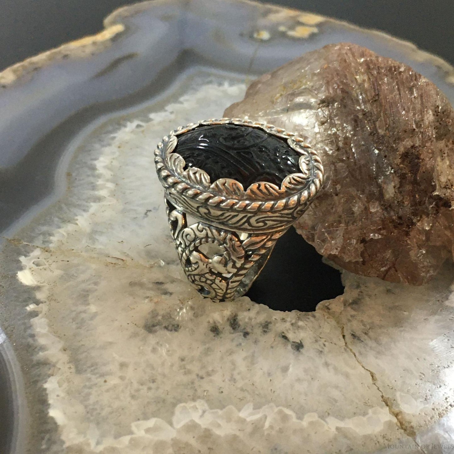 Carolyn Pollack Sterling Silver Oval Carved Black Onyx Decorated Unisex Ring