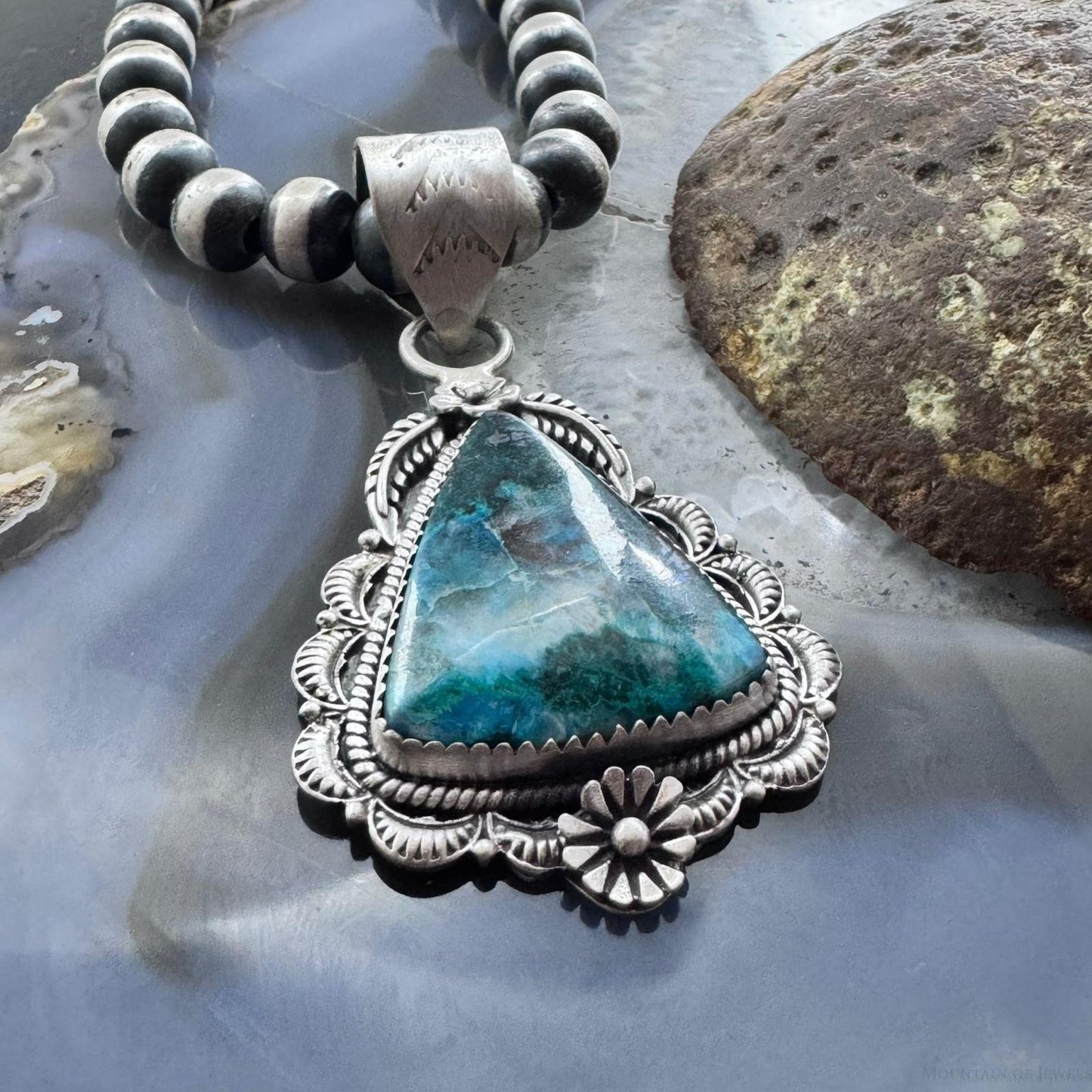 Sterling Silver Southwestern Style Triangular Shattuckite Decorated Pendant For Women