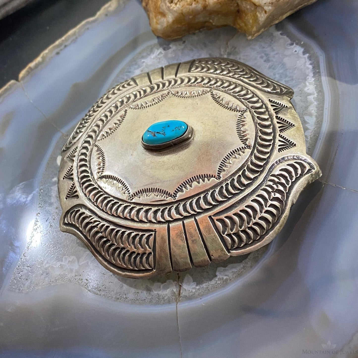 Vintage Native American Sterling Silver Heavy Stamped W/Turquoise Belt Buckle