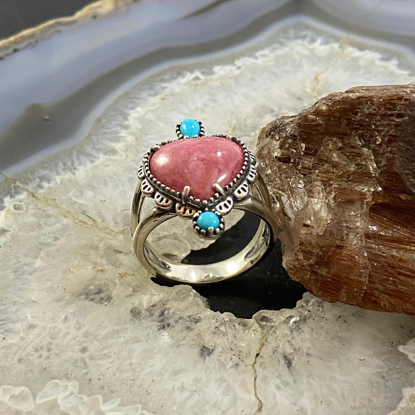 Carolyn Pollack Southwestern Style Sterling Silver Rhodonite & Turquoise Decorated Heart Ring Size 7.5 & 9 For Women