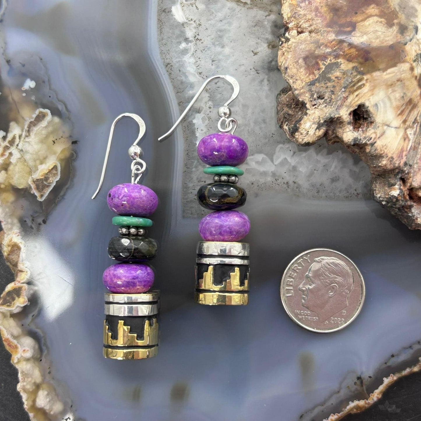 Tommy & Rosita Singer Sterling Silver Charoite & Onyx Bead Dangle Earrings For Women