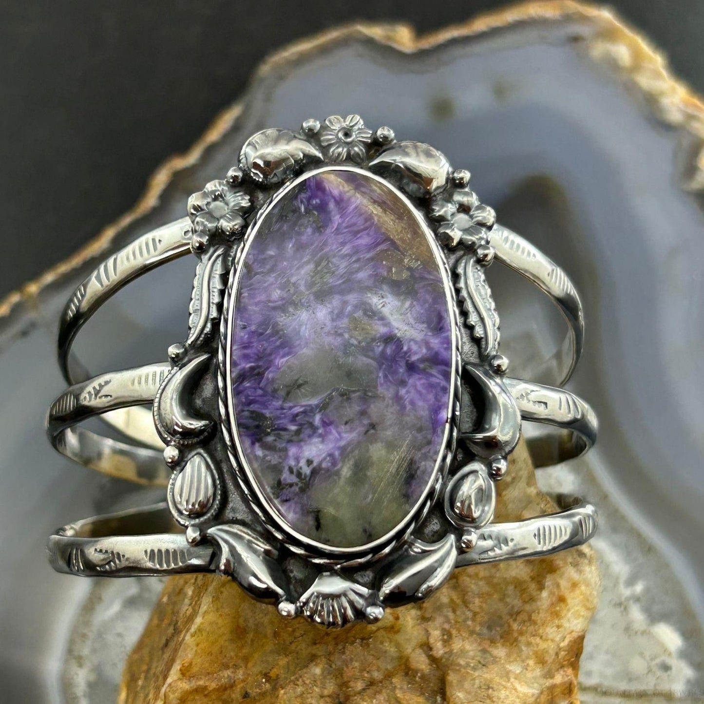 Sterling Silver Southwestern Style Oval Charoite Decorated Bracelet For Women