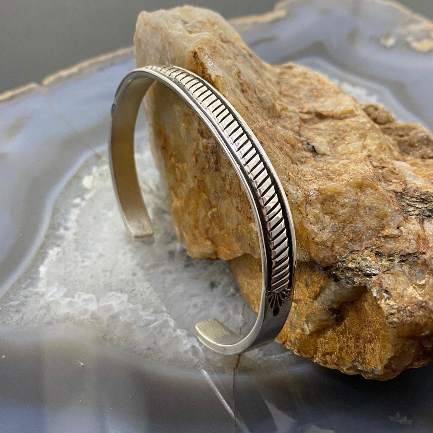 Bruce Morgan Native American Sterling Silver Diagonal Stripe Slim Cuff For Women