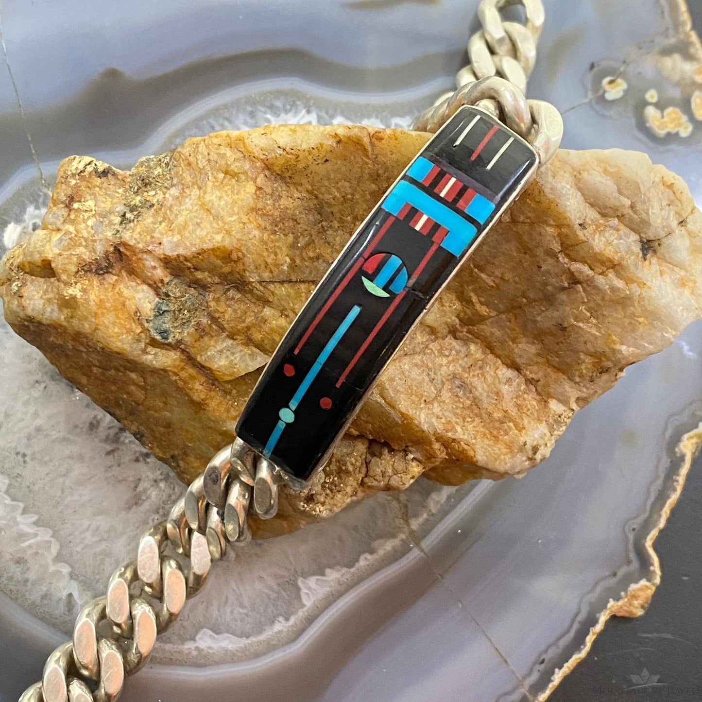 Signed Vintage Native American Silver Multi Stone Inlay Tennis Bracelet For Men