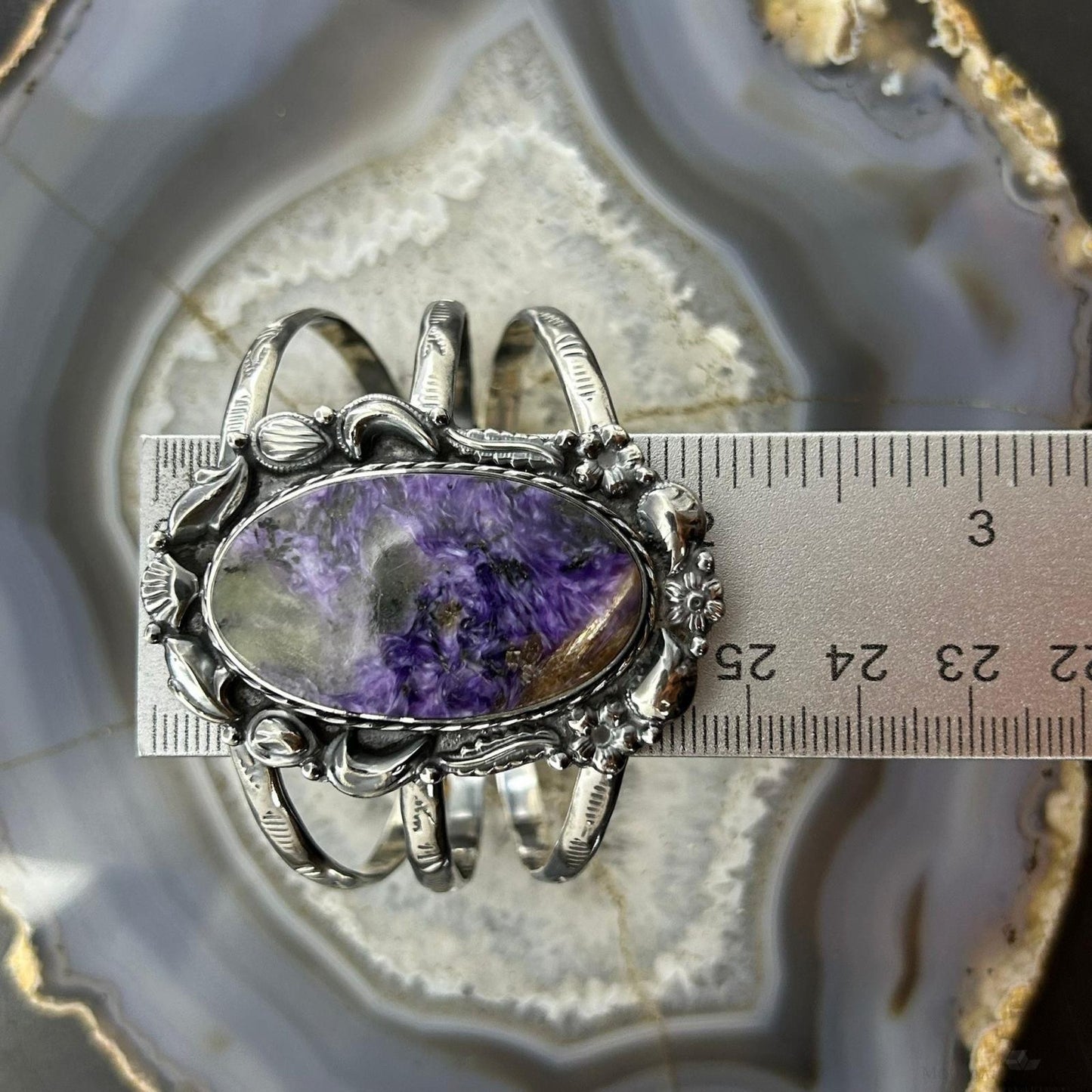 Sterling Silver Southwestern Style Oval Charoite Decorated Bracelet For Women