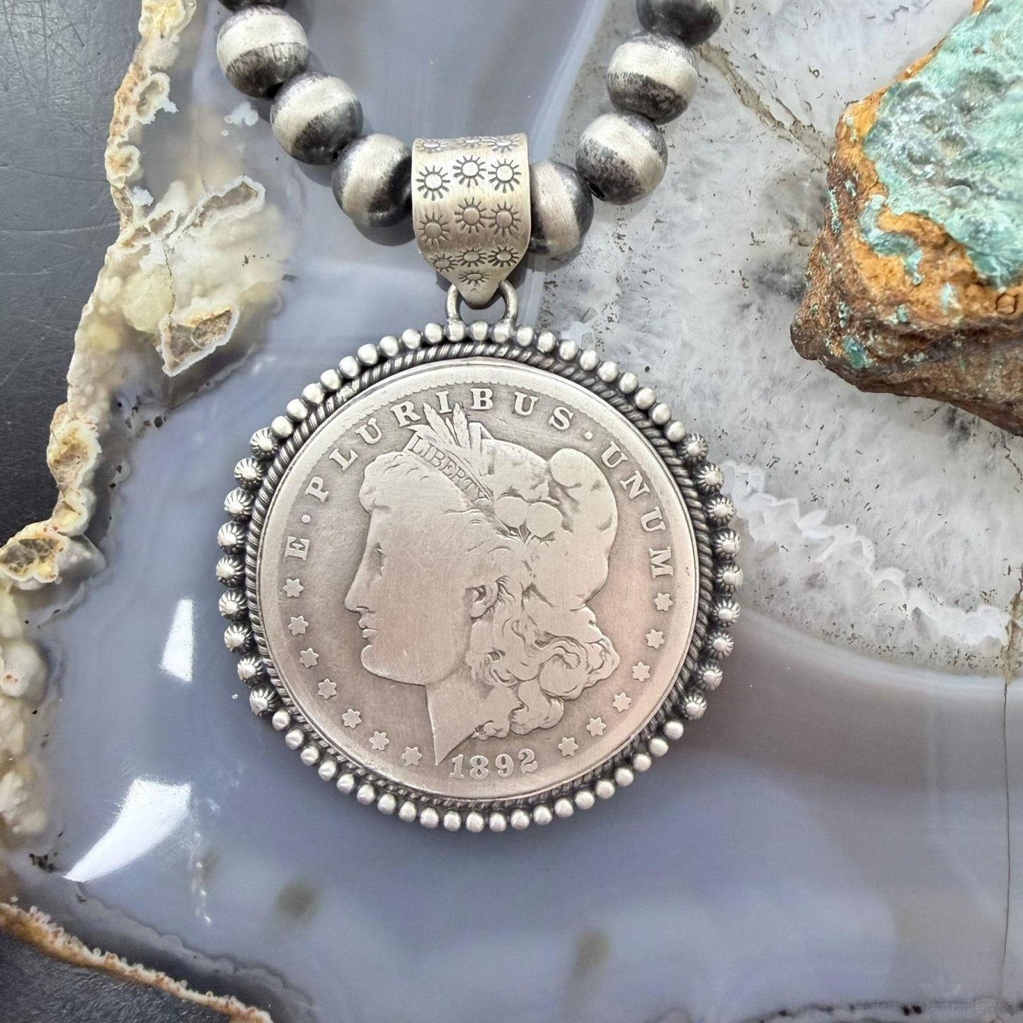 Genuine 90% Silver 1892 US Morgan Dollar Decorated Unisex Pendant