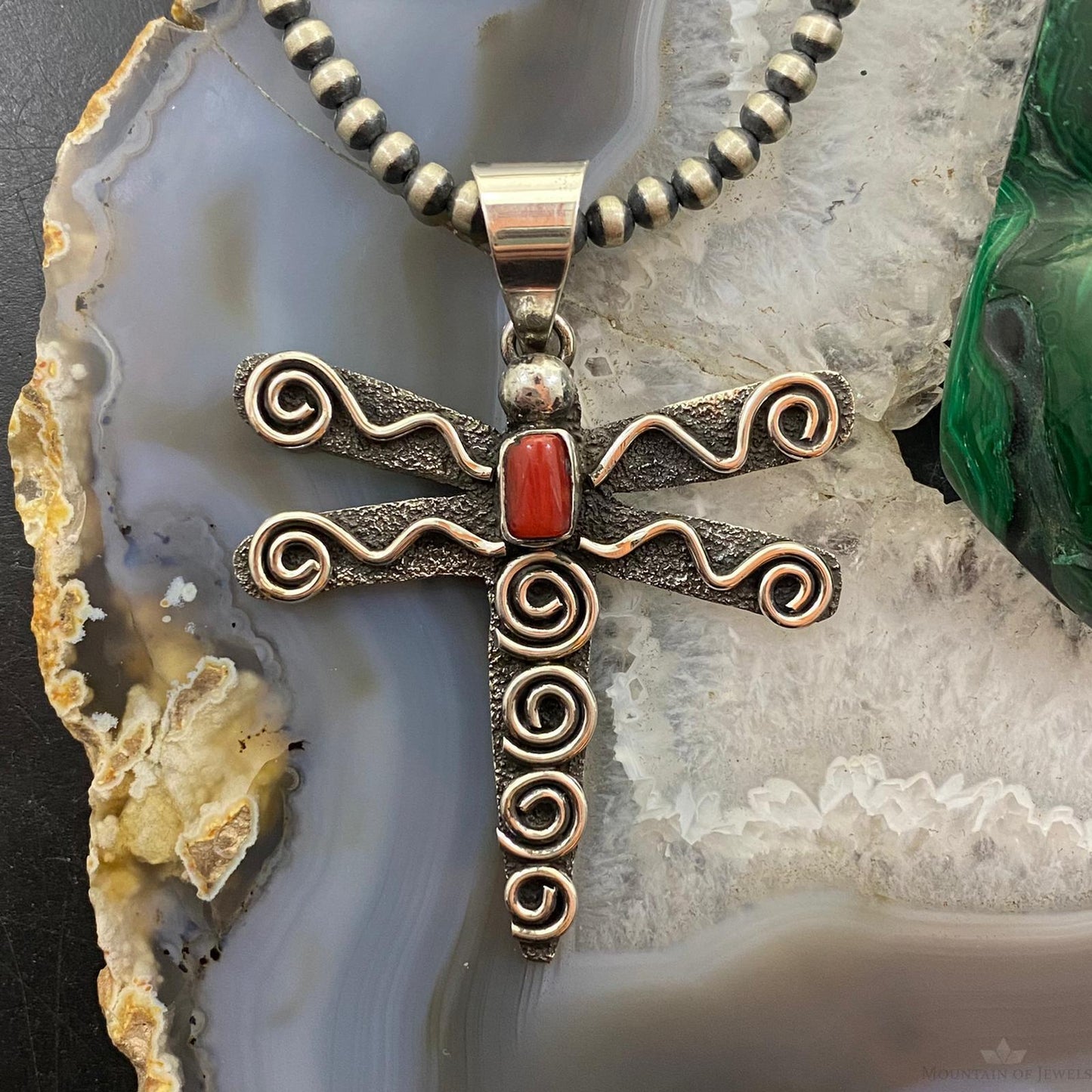 Alex Sanchez Sterling Silver Petroglyph & Coral Dragonfly Unisex Pendant #4