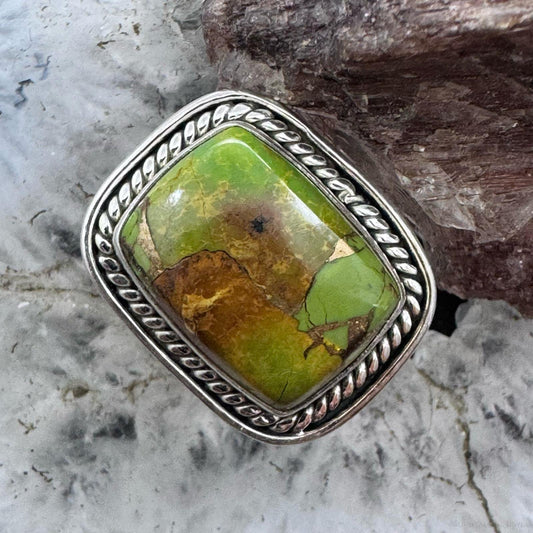 Sterling Southwestern Style Atlantisite & Green Copper Bar Ring Size 6.75 For Women