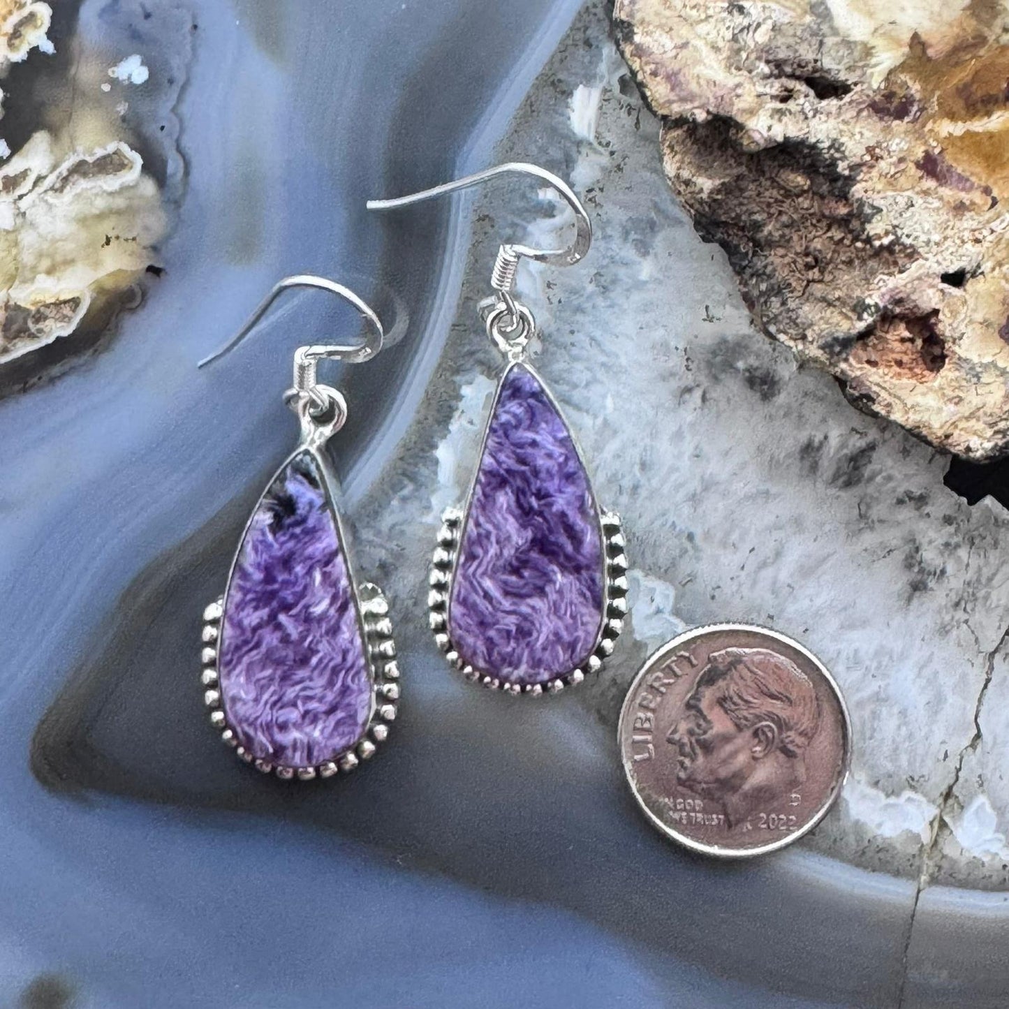 Sterling Silver Southwestern Style Teardrop Charoite Decorated Dangle Earrings For Women