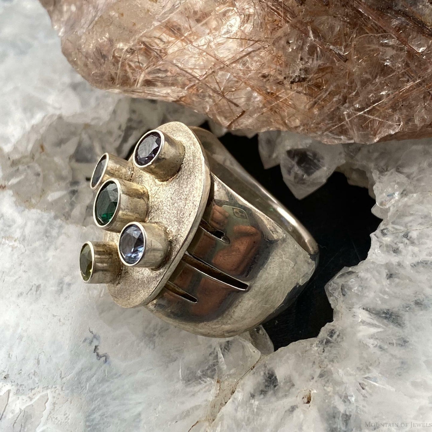 Sterling Silver Ring Size 7.5 with 5 Different Gems Wide Band Ring