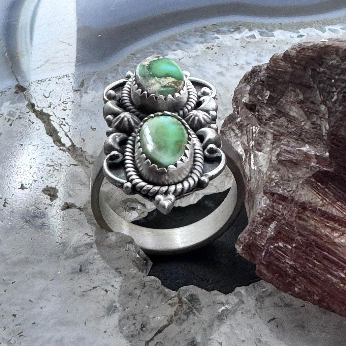 Sterling Silver Southwestern Style 2 Sonora Gold Turquoise Decorated Adjustable Ring For Women