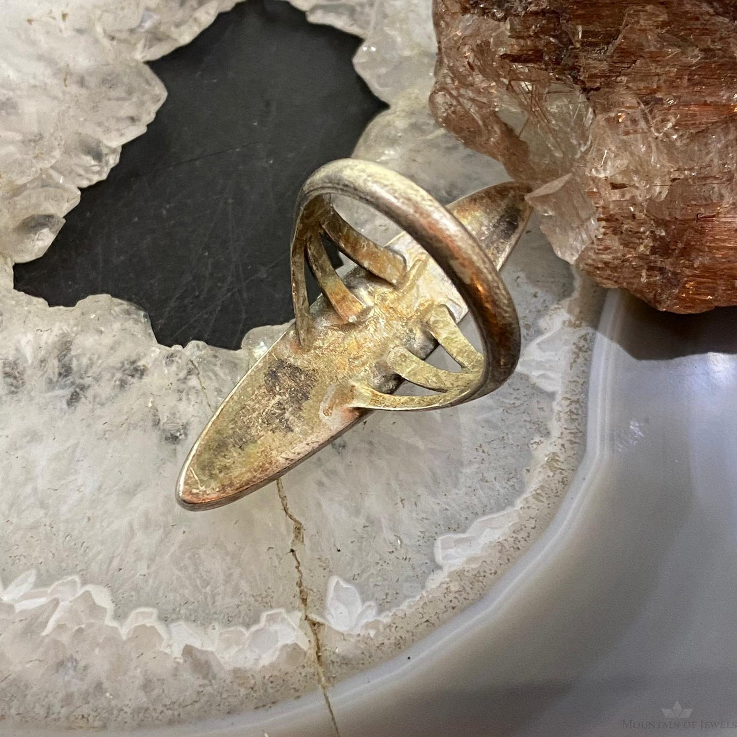 Vintage Native American Silver Marquise Multi Stone Channel Inlay Ring Size 7