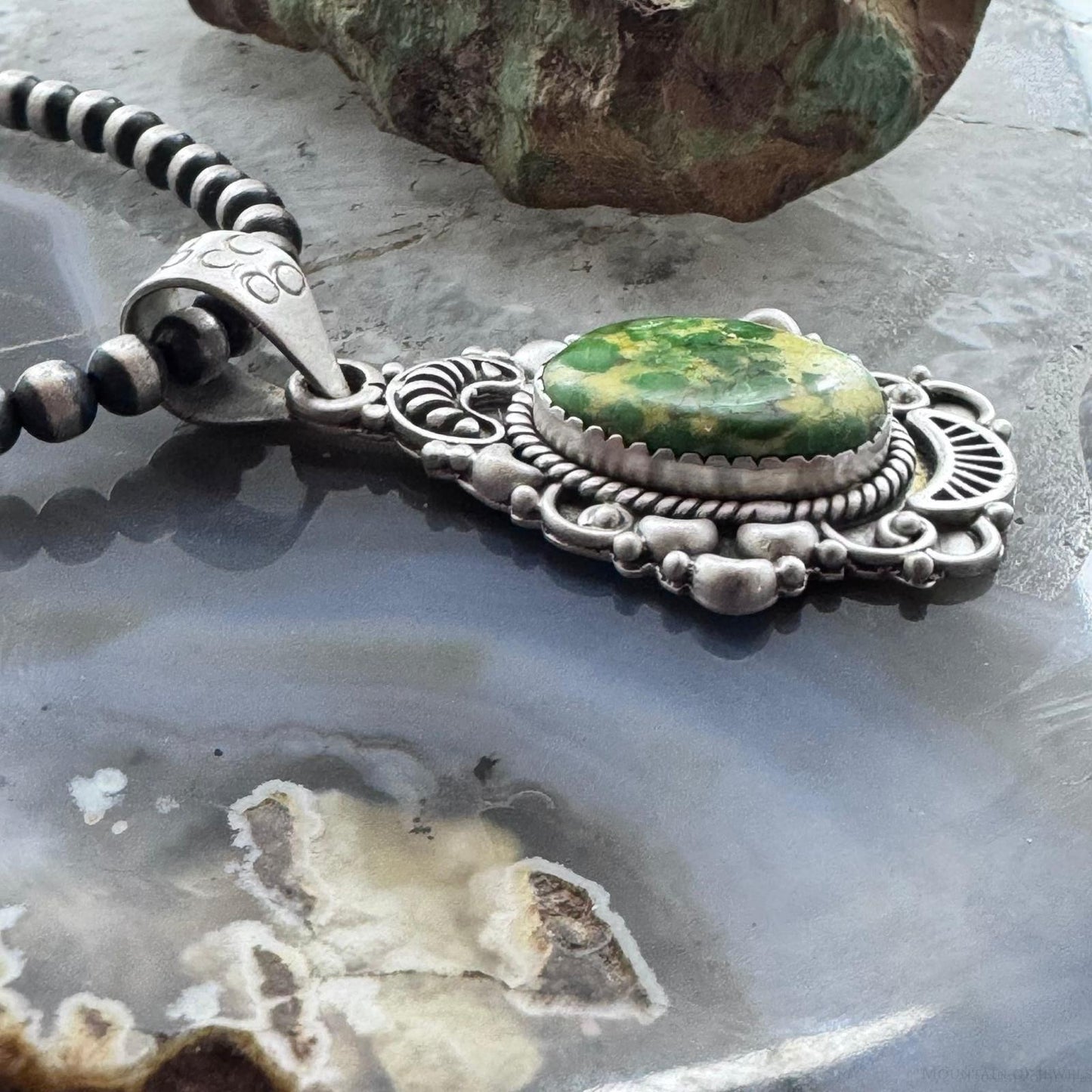Sterling Silver Southwestern Style Oval Sonora Gold Turquoise Decorated Pendant For Women